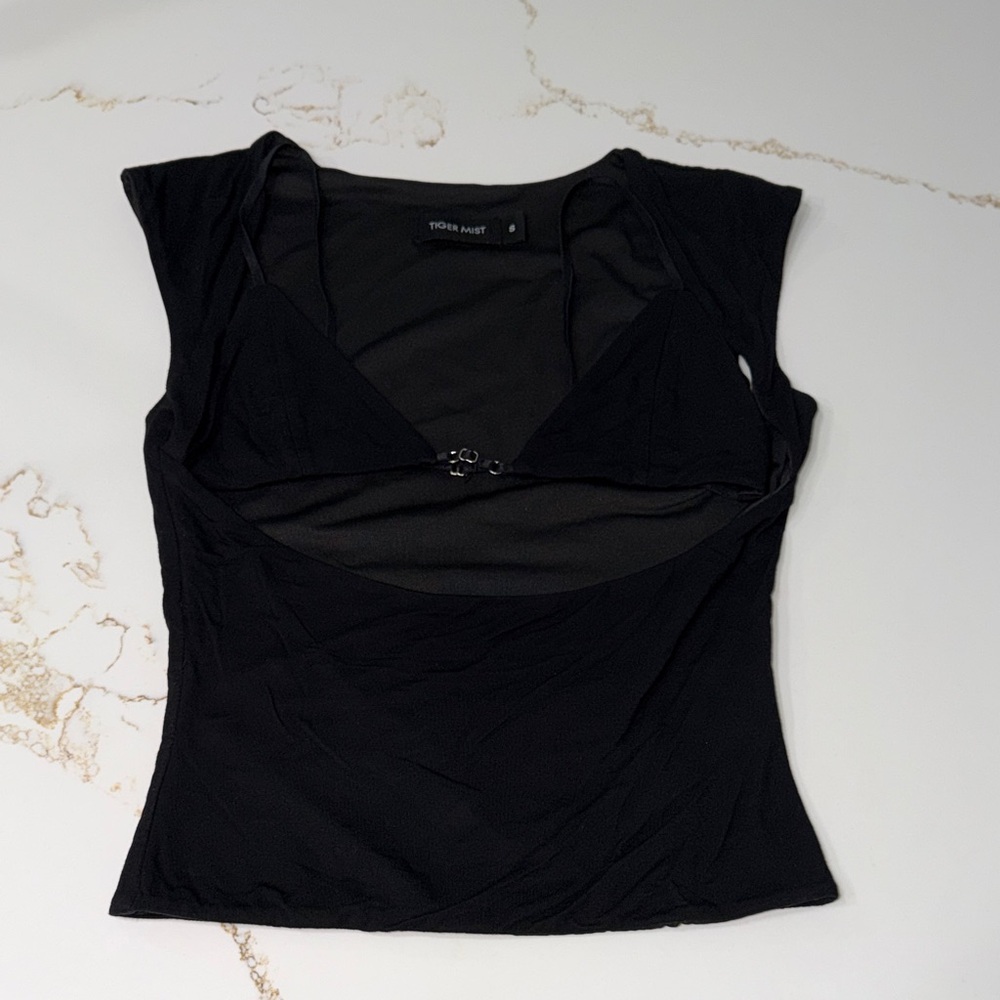 Tiger Mist Black Mesh Cutout Crop Top